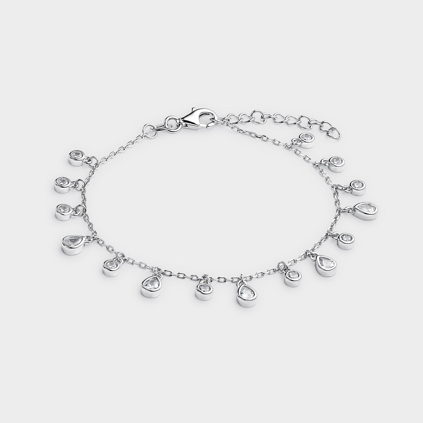 PULSERA PLATA DE ESLABONES OVALADOS PEQUEÑOS CON MOTIVOS DE GOTAS Y ESFERAS COLGANTES DE CIRCONITAS BLANCAS