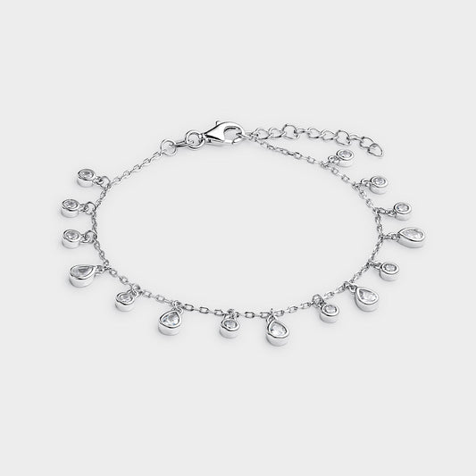PULSERA PLATA DE ESLABONES OVALADOS PEQUEÑOS CON MOTIVOS DE GOTAS Y ESFERAS COLGANTES DE CIRCONITAS BLANCAS