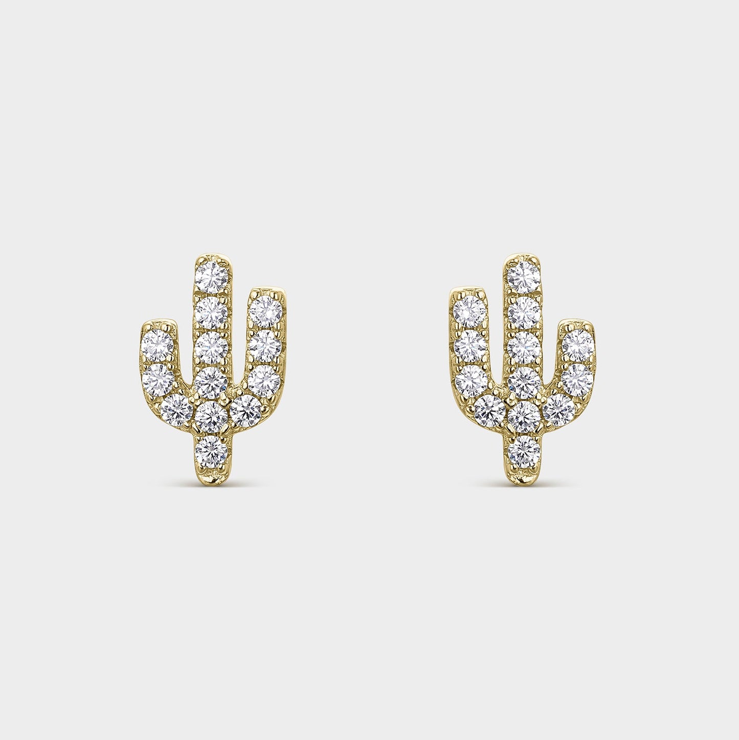 PENDIENTES DE PLATA BAÑADA EN ORO AMARILLO EN FORMA DE CACTUS CON CIRCONITAS BLANCAS ENGASTADAS EN GARRA
