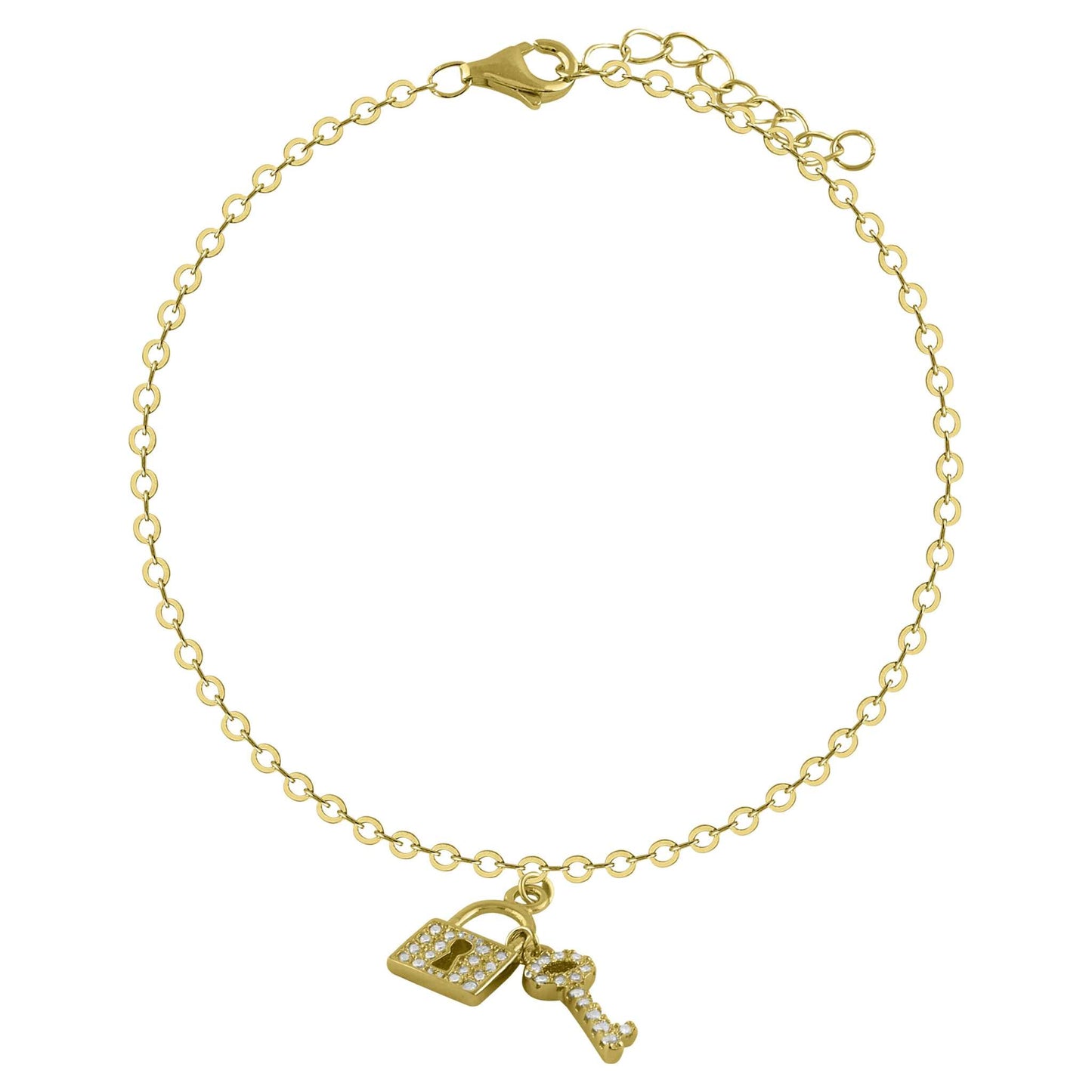 Pulsera de plata y circonitas bañada en oro amarillo con llave y candado