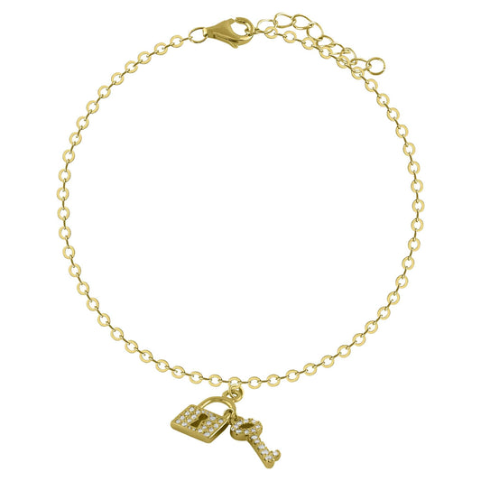 Pulsera de plata y circonitas bañada en oro amarillo con llave y candado