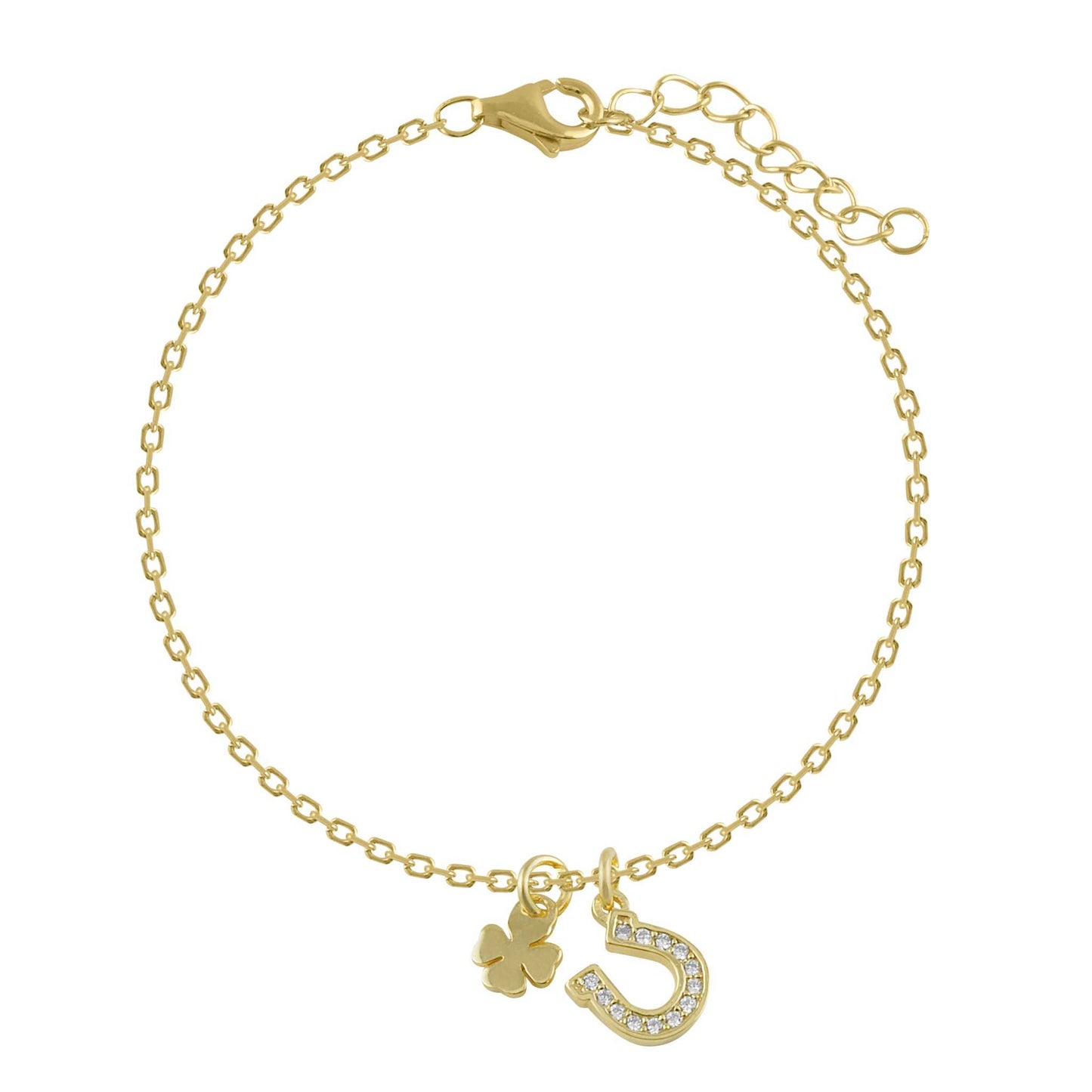 Pulsera de plata y circonitas bañada en oro con motivos de buena suerte