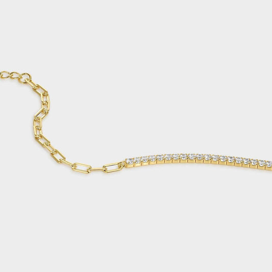 Gelbvergoldetes Silberarmband, das rechteckige und runde Glieder mit weißem Zirkonia-Hakenverschluss kombiniert.