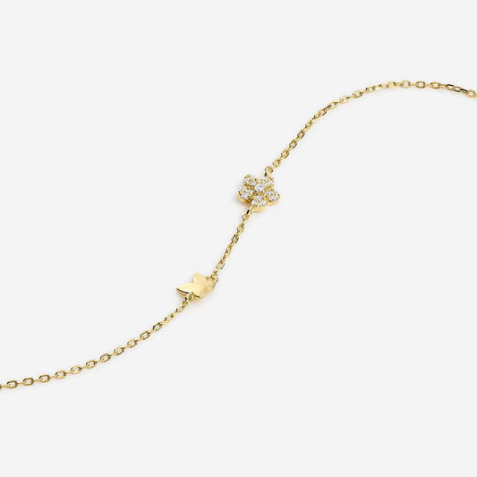 Yellow gold-plated silver bracelet with butterfly and flower motif with white zircons
