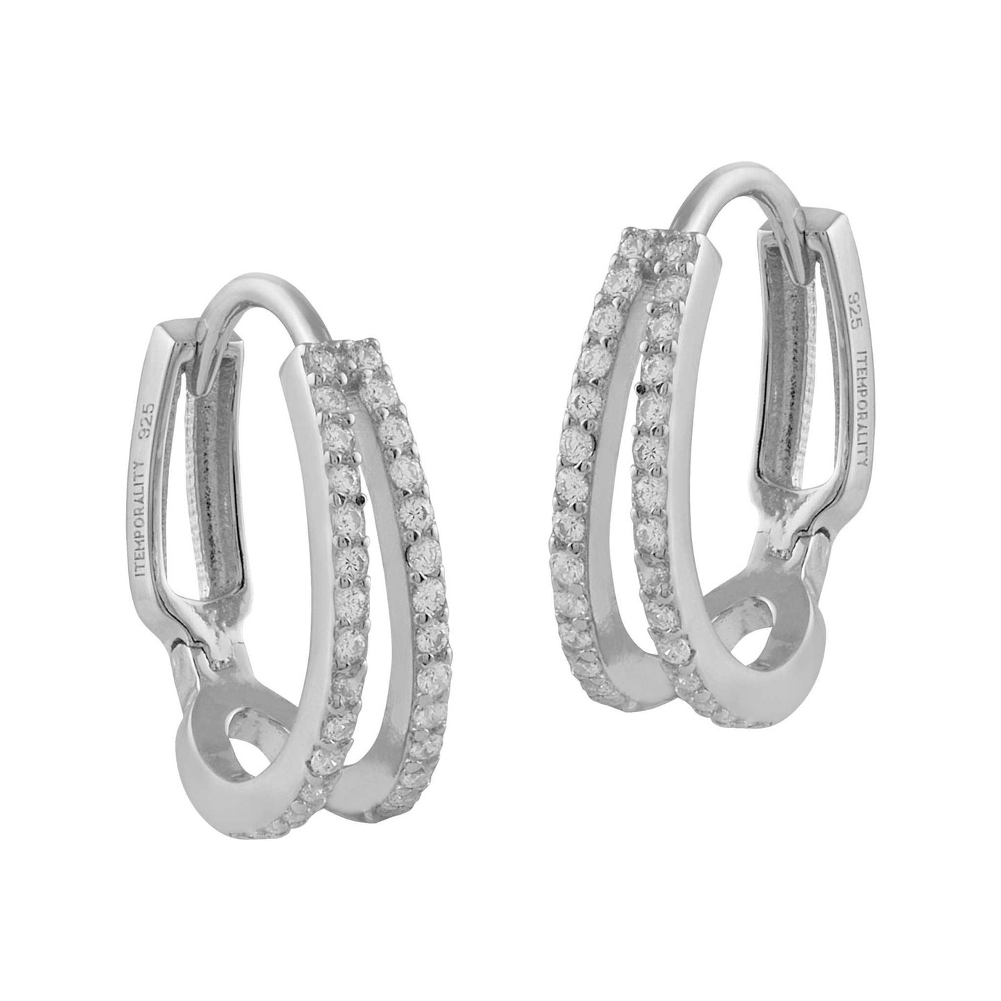 Pendientes de plata y circonitas blancas en dos carriles