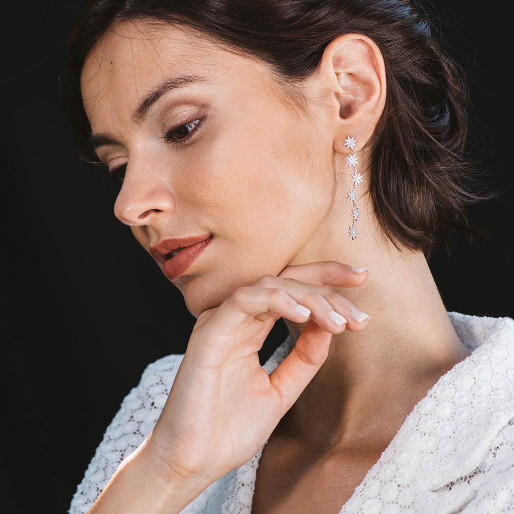 Silver and zircon flower earrings