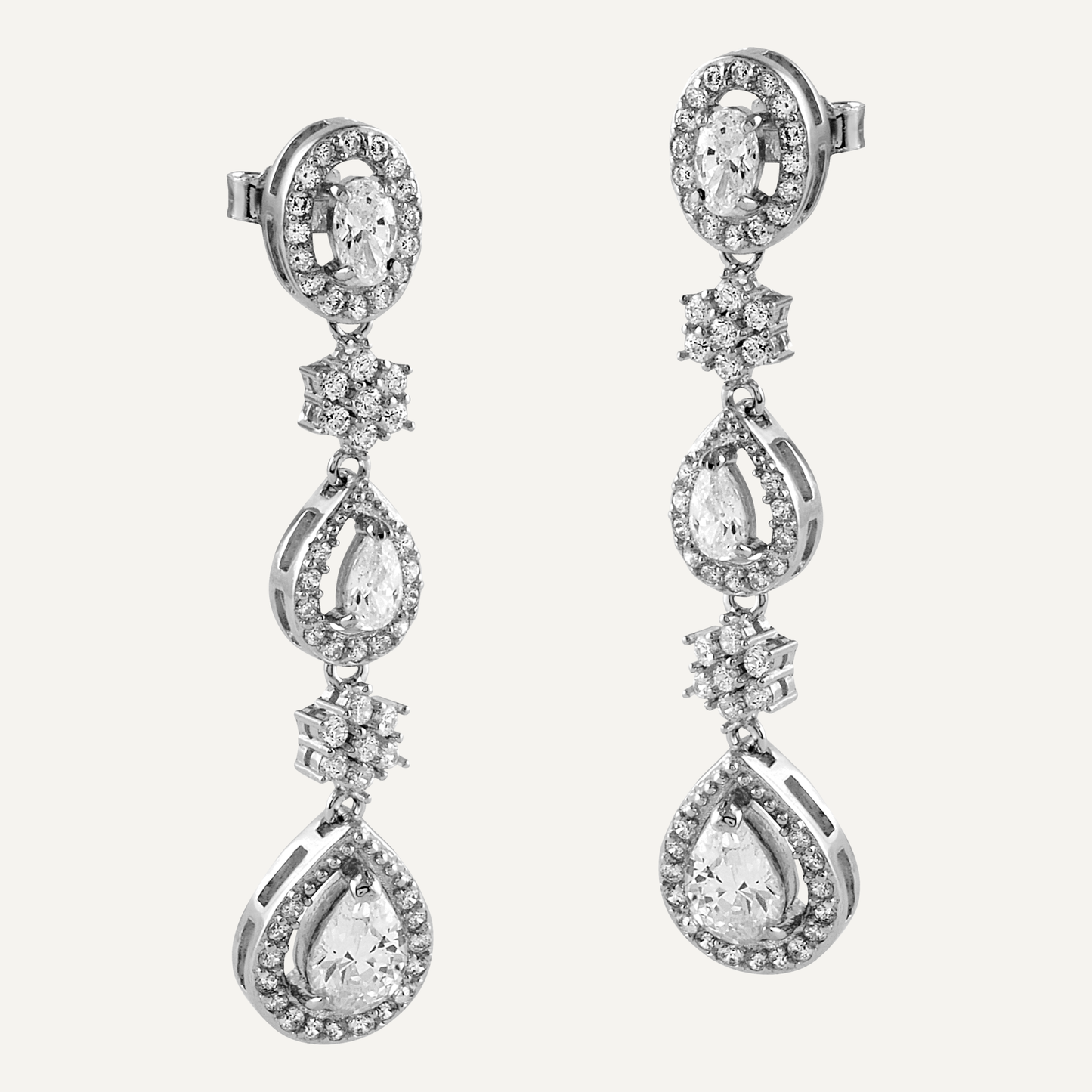 Pendientes largos óvalos de plata y circonitas blancas