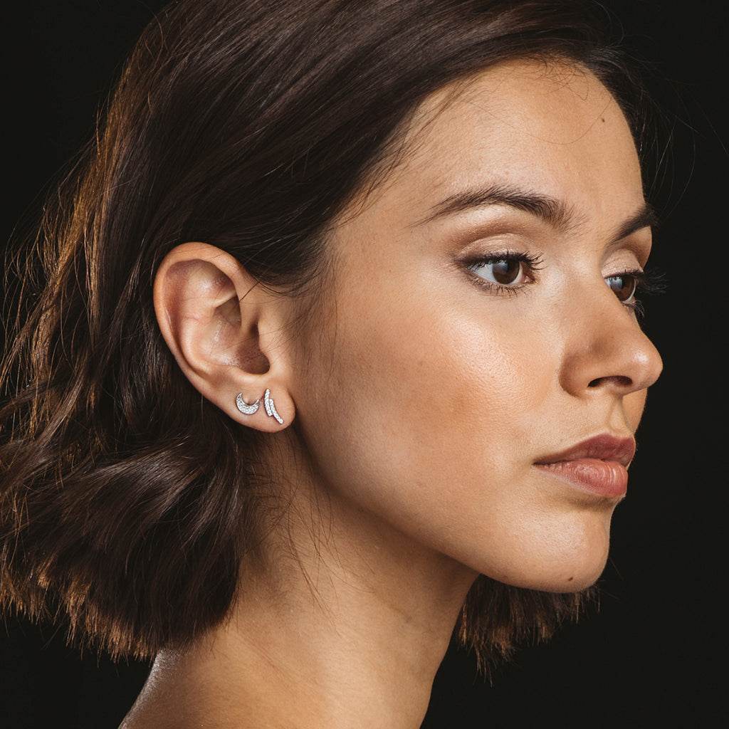 Silver Beveled Moon Earrings with Zircons