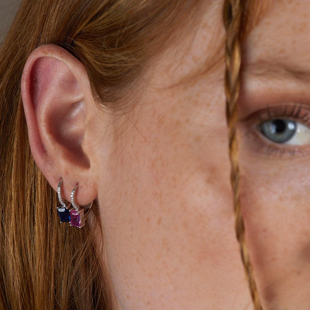 Pendientes aro de plata  con circonita rosa claro y blanca