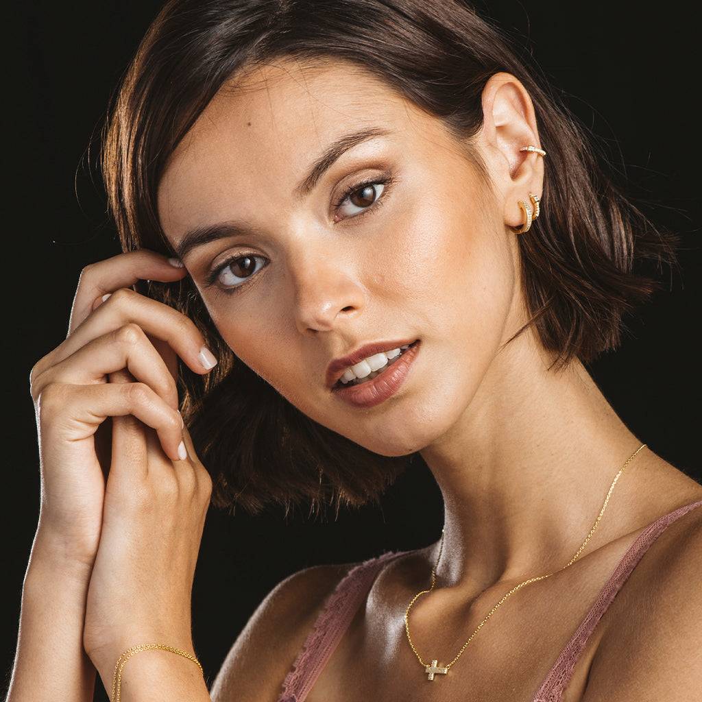 Creole earrings made of gold-plated silver and zircons, two lanes, small size