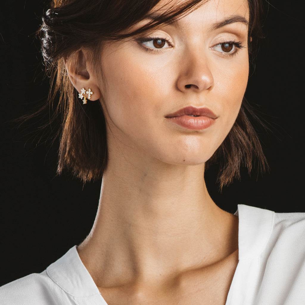 Flower Earrings Silver Gold Zirconia