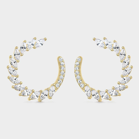 Pendientes plumas baño oro con circonitas blancas ovaladas