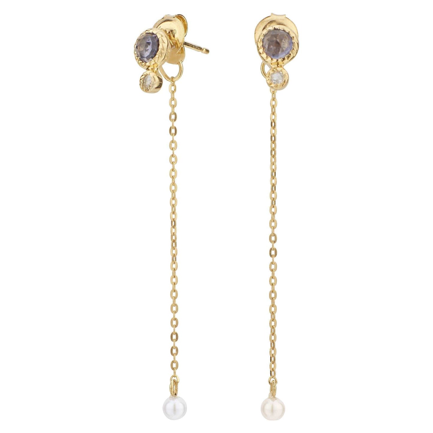 Pendientes largos con piedra lunar,iolita y perla blanca bañado en oro