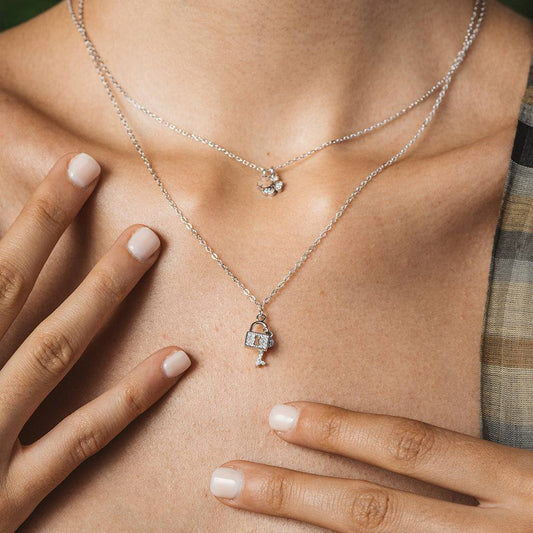 Silver and zircon key and padlock necklace