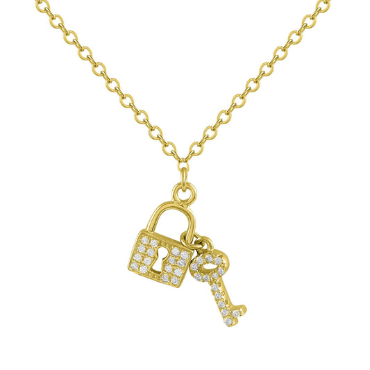 Collar de plata bañada en oro y circonitas llave y candado