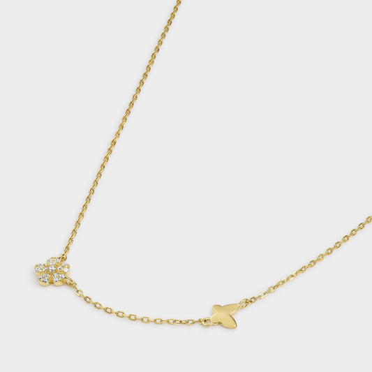 Collar de plata  bañada en oro amarillo con motivo de mariposa y flor con circonitas blancas
