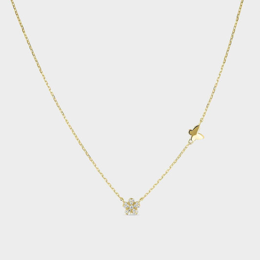 Collar de plata  bañada en oro amarillo con motivo de mariposa y flor con circonitas blancas