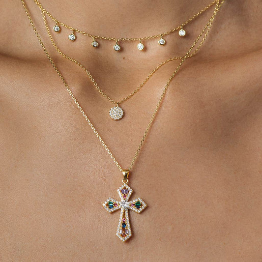 Templar cross necklace with multicolored zircons