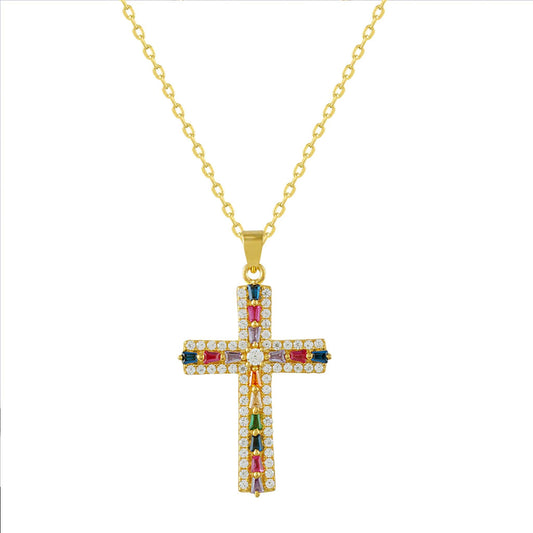 Collar de plata bañada en oro con cruz circonitas multicolor