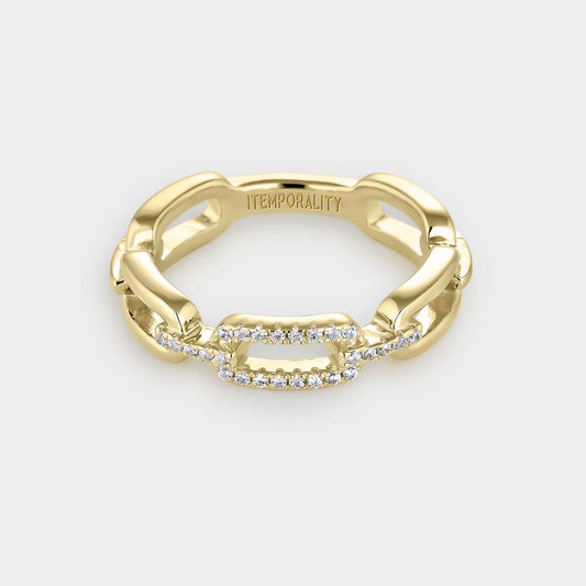 Gelbvergoldeter Silberring mit rechteckigen Gliedern, die durch einen Balken und weiße Zirkone verbunden sind