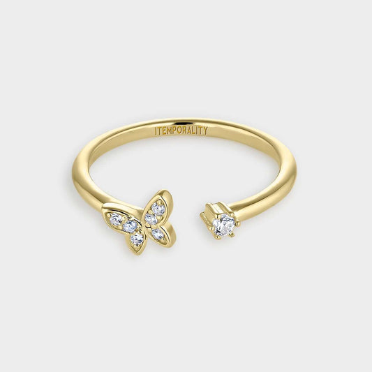 Offener, gelbvergoldeter Silberring mit Schmetterlings- und Blumenmotiv, beide mit weißen Zirkonen