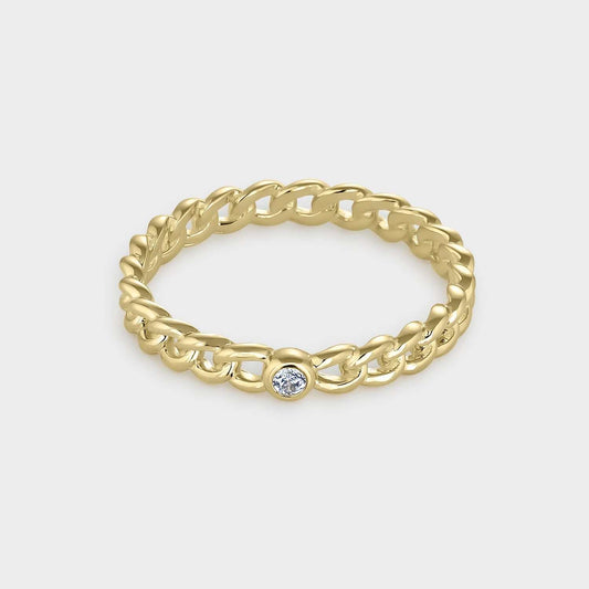 Anillo  de plata bañada en oro amarillo de eslabones redondos entrelazados con circonita blanca engastada en bisel