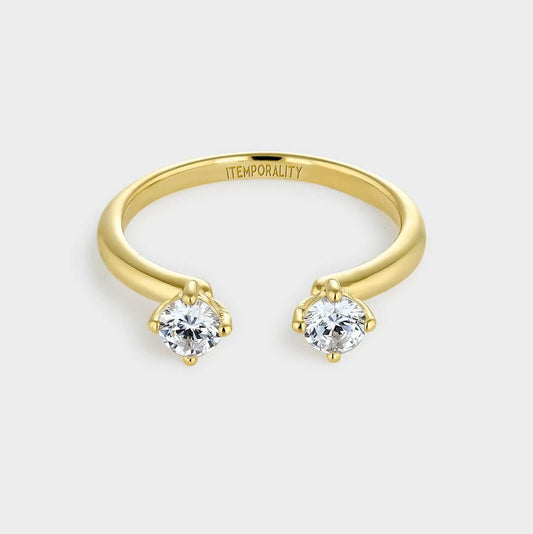 Offener, mit Gelbgold plattierter Silberring mit zwei runden weißen Zirkonen in vier Krappen