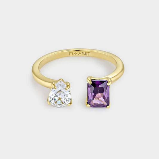 Gelbvergoldeter Silberring mit rechteckigem Amethyst und weißem Zirkonia