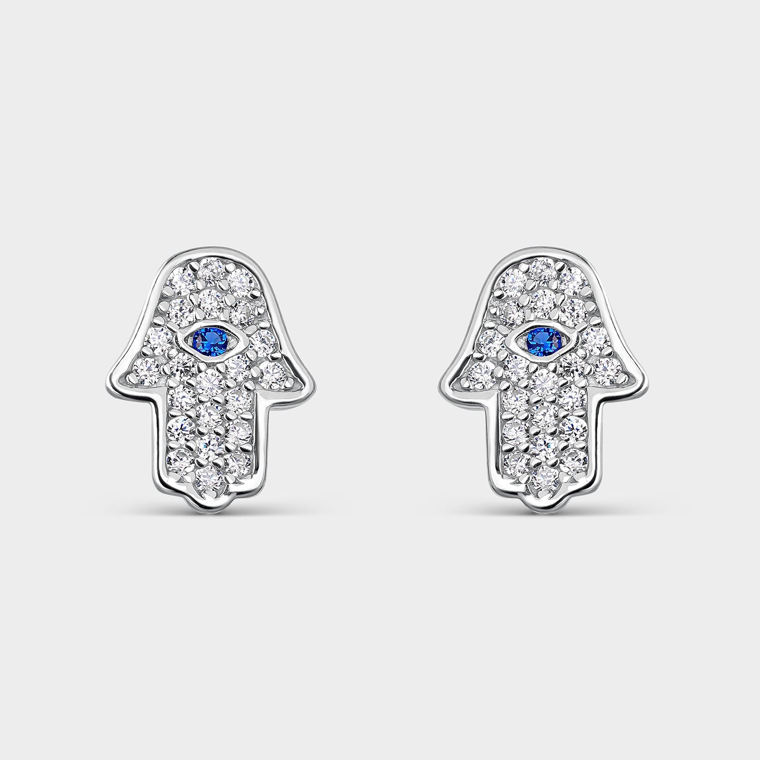 PENDIENTES DE PLATA MANO DE FÁTIMA CON BISEL CIRCONITAS BLANCAS  Y CIRCONITA AZUL EN EL MEDIO