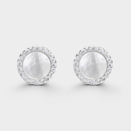Pendientes círculo grande madre perla y circonitas blancas