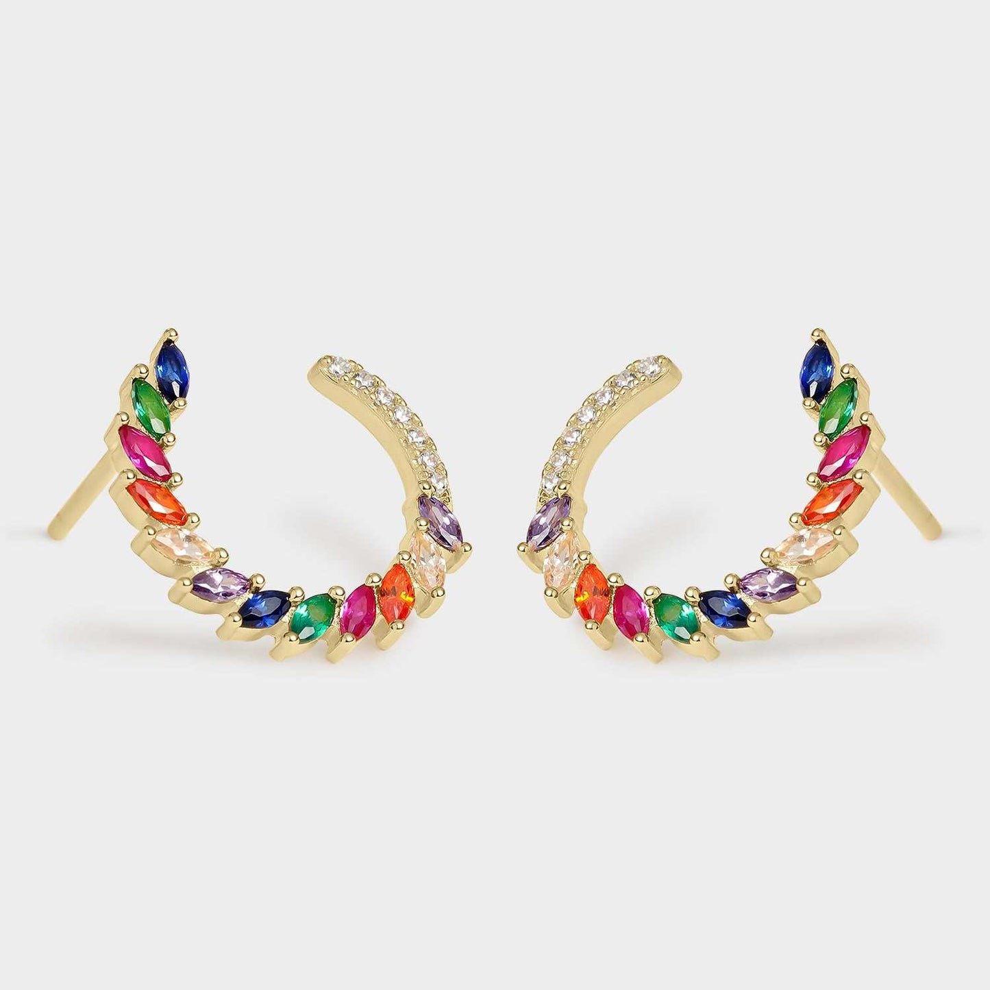 Pendientes plumas baño oro, circonitas multicolor