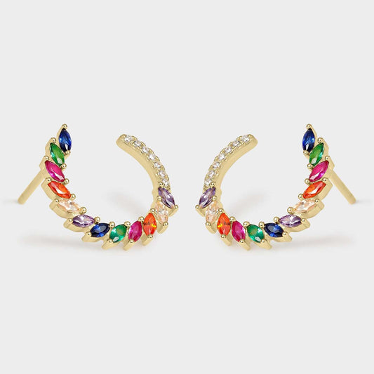 Pendientes plumas baño oro, circonitas multicolor