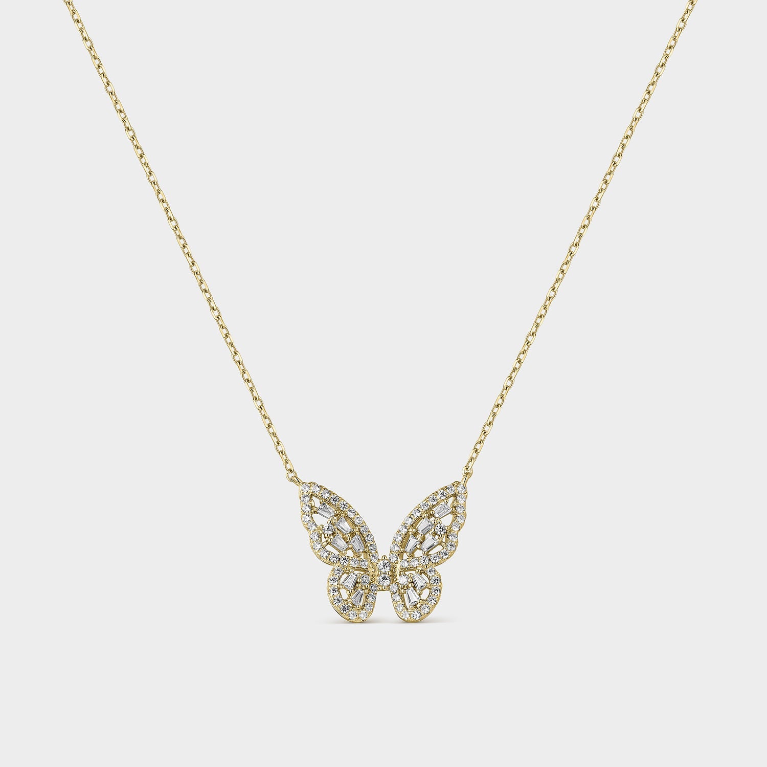 COLLAR DE PLATA BAÑADA EN ORO AMARILLO CON FORMA DE MARIPOSAS DE ALAS ALARGADAS CON CIRCONITAS BLANCAS