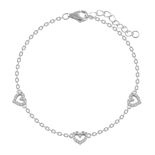 Pulsera de plata y circonitas tres corazones