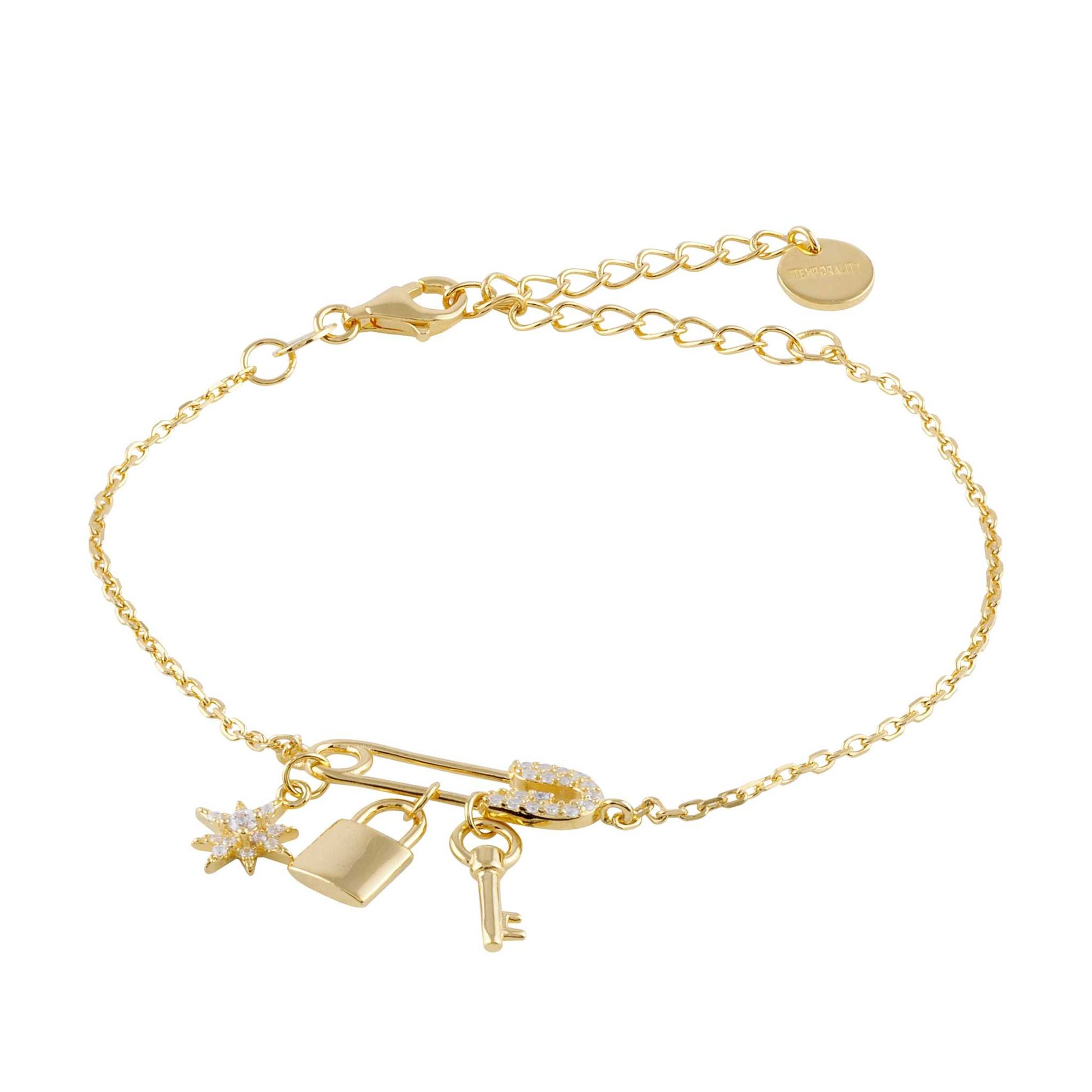 Pulsera de plata bañada en oro con colgantes y circonitas blancas