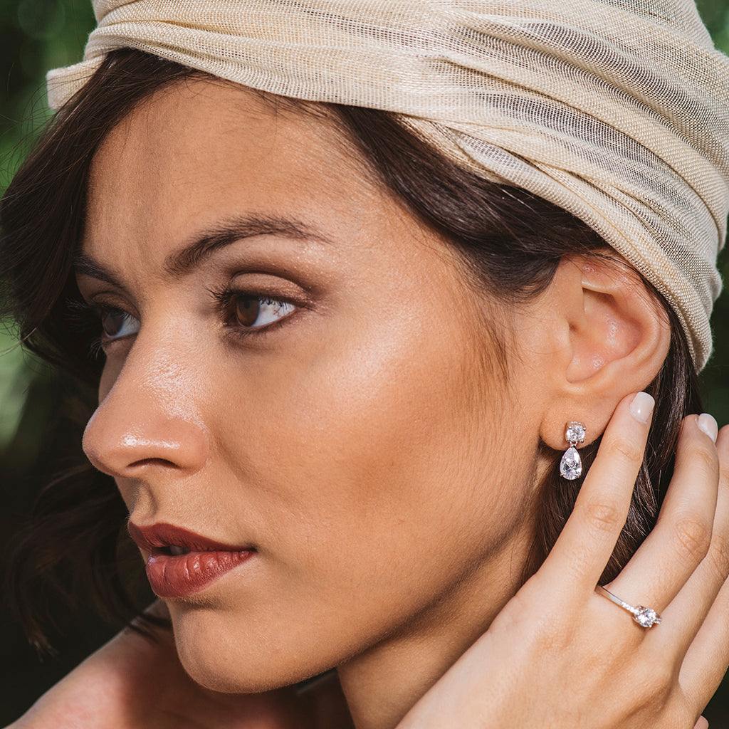 Silver and white zircon drop earrings