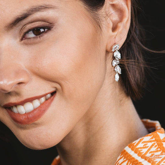 Long silver waterfall leaf earrings