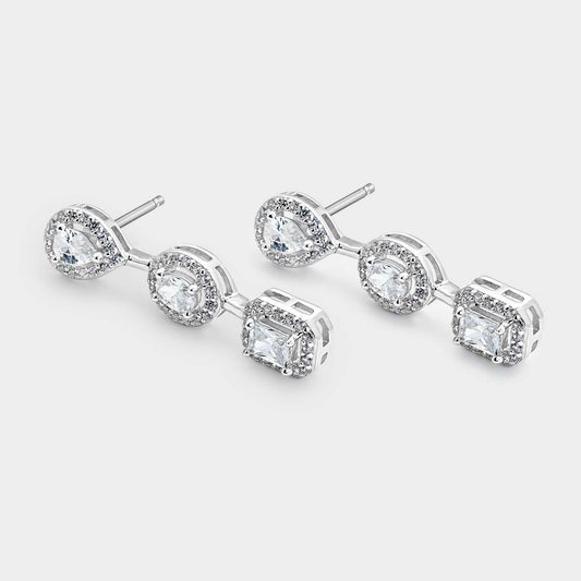 Long silver and zircon earrings in 3 shapes