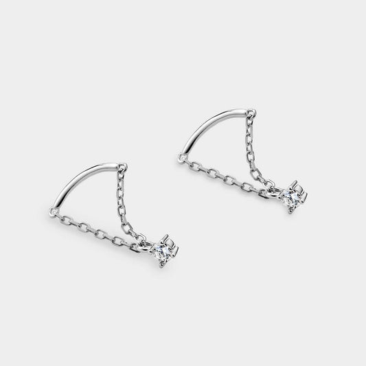 Pendientes de plata con motivo de barra curva con cadena de eslabones y colgante de circonita blanca