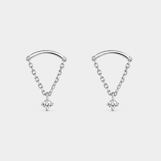 Pendientes de plata con motivo de barra curva con cadena de eslabones y colgante de circonita blanca