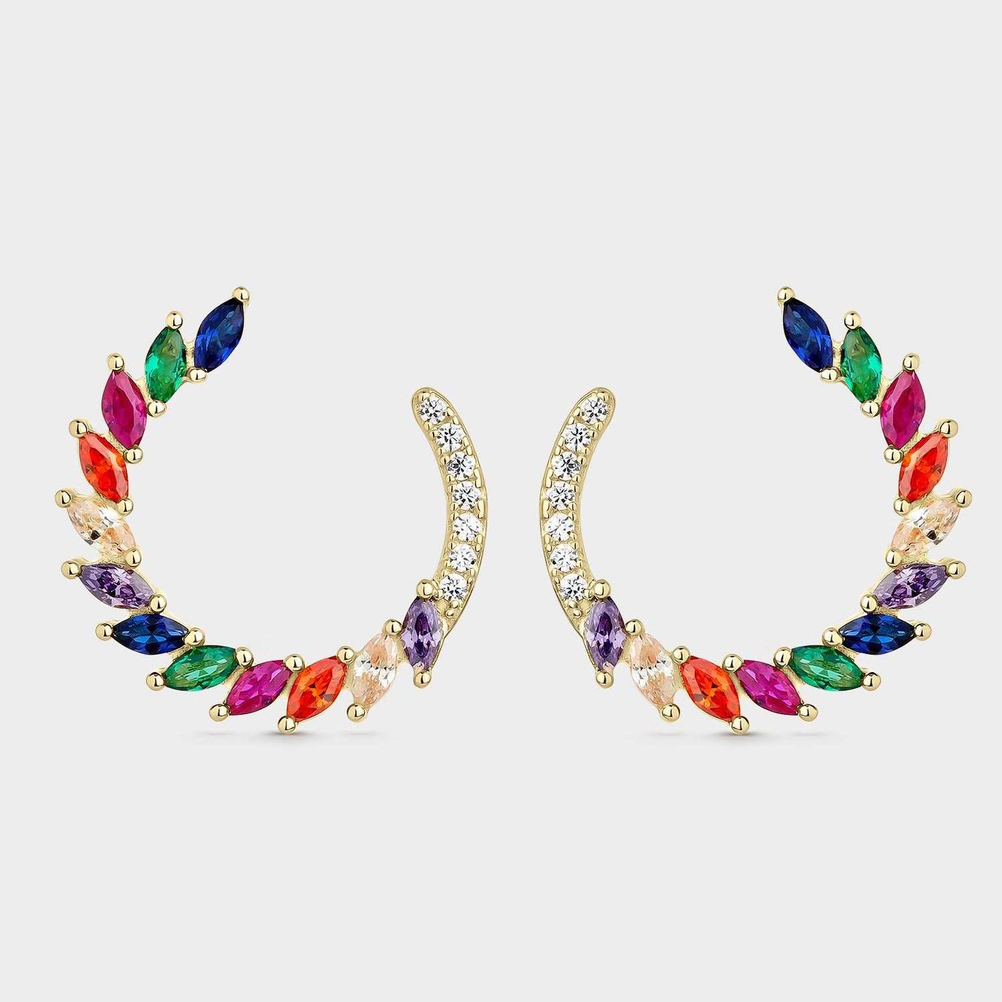 Pendientes plumas baño oro, circonitas multicolores ovaladas