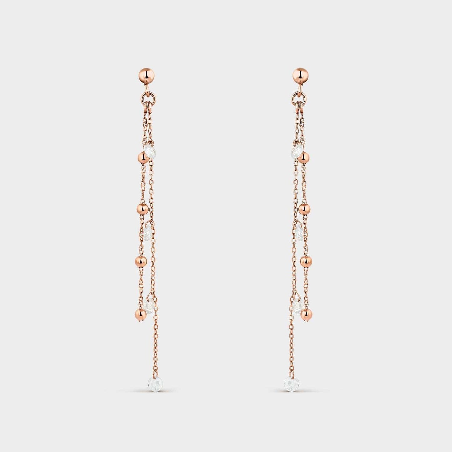 Pendientes dos cadenas oro rosa y cuentas de circonitas blancas