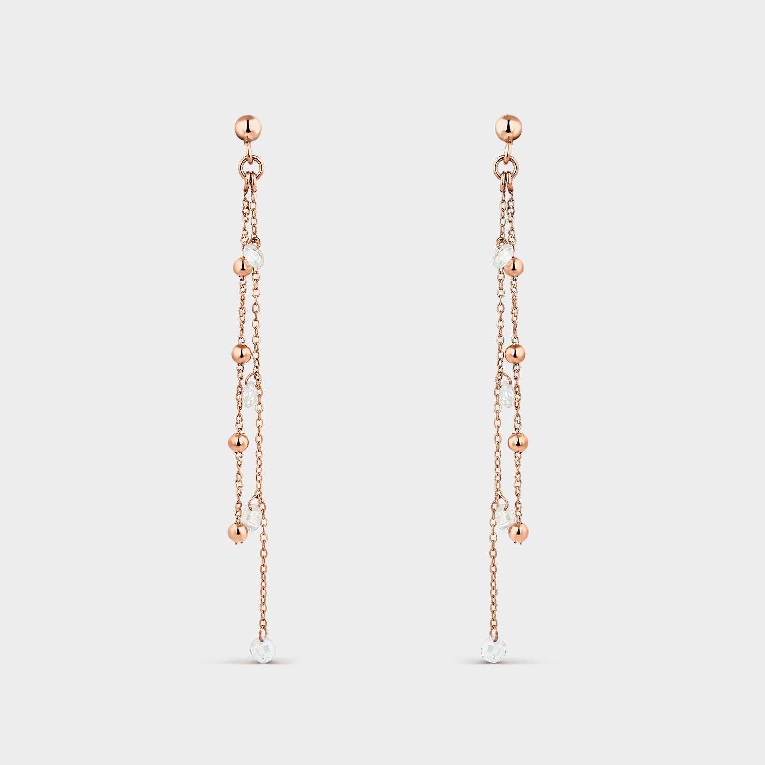 Pendientes dos cadenas oro rosa y cuentas de circonitas blancas