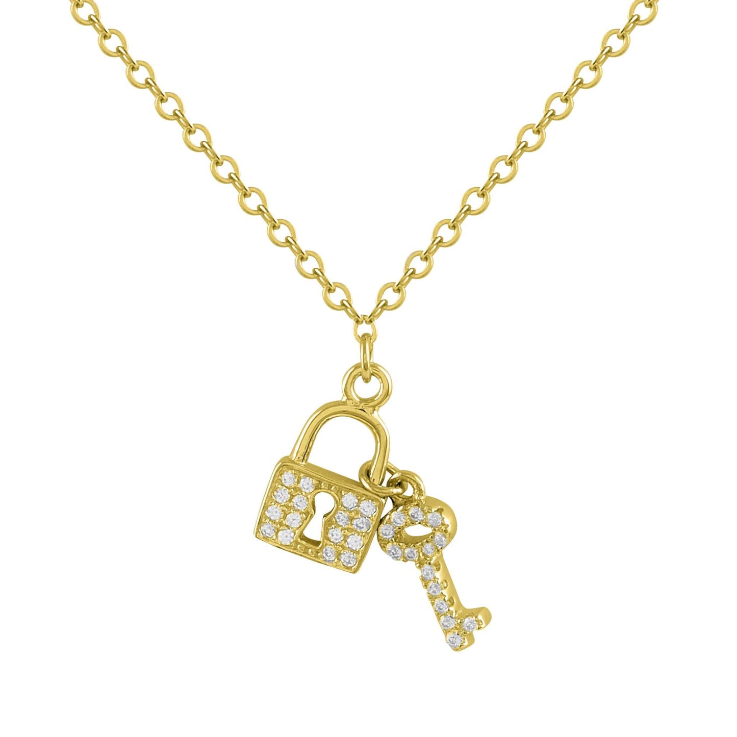 Collar de plata bañada en oro y circonitas llave y candado