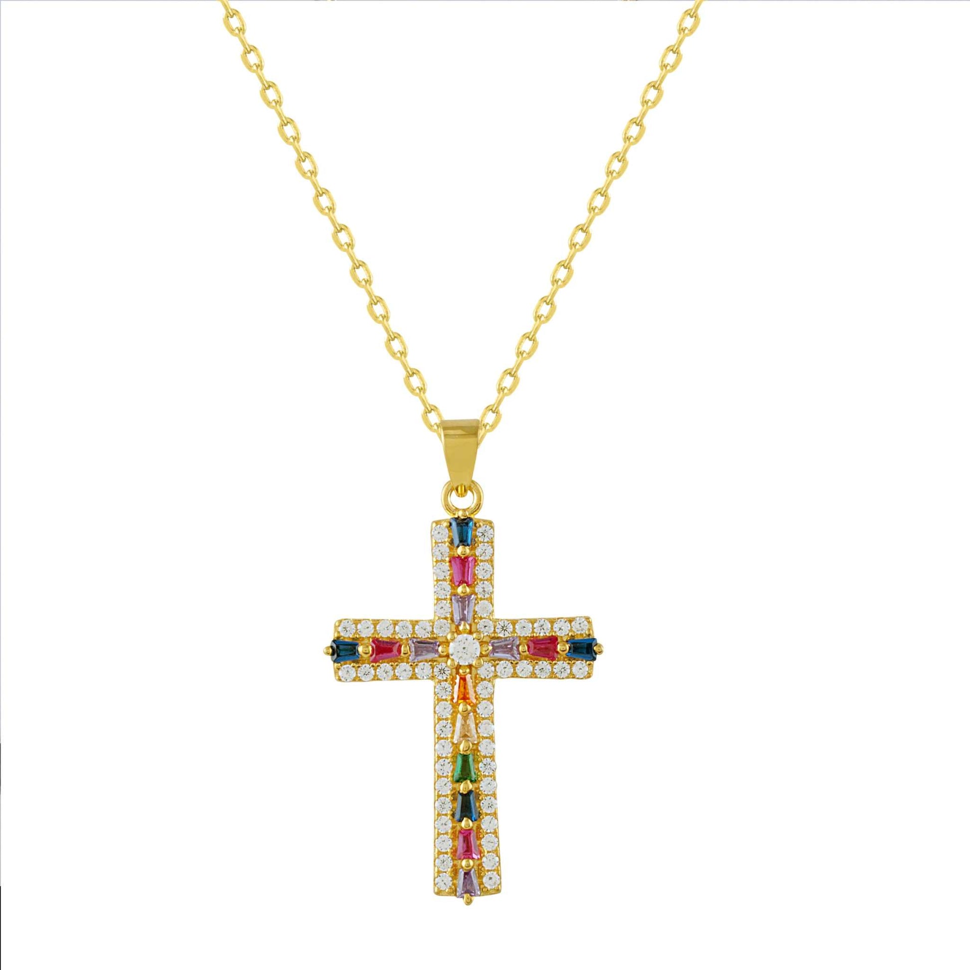 Collar de plata bañada en oro con cruz circonitas multicolor