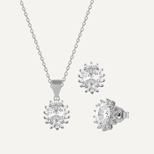 Conjunto en flor de collar y pendientes en plata con circonitas blancas