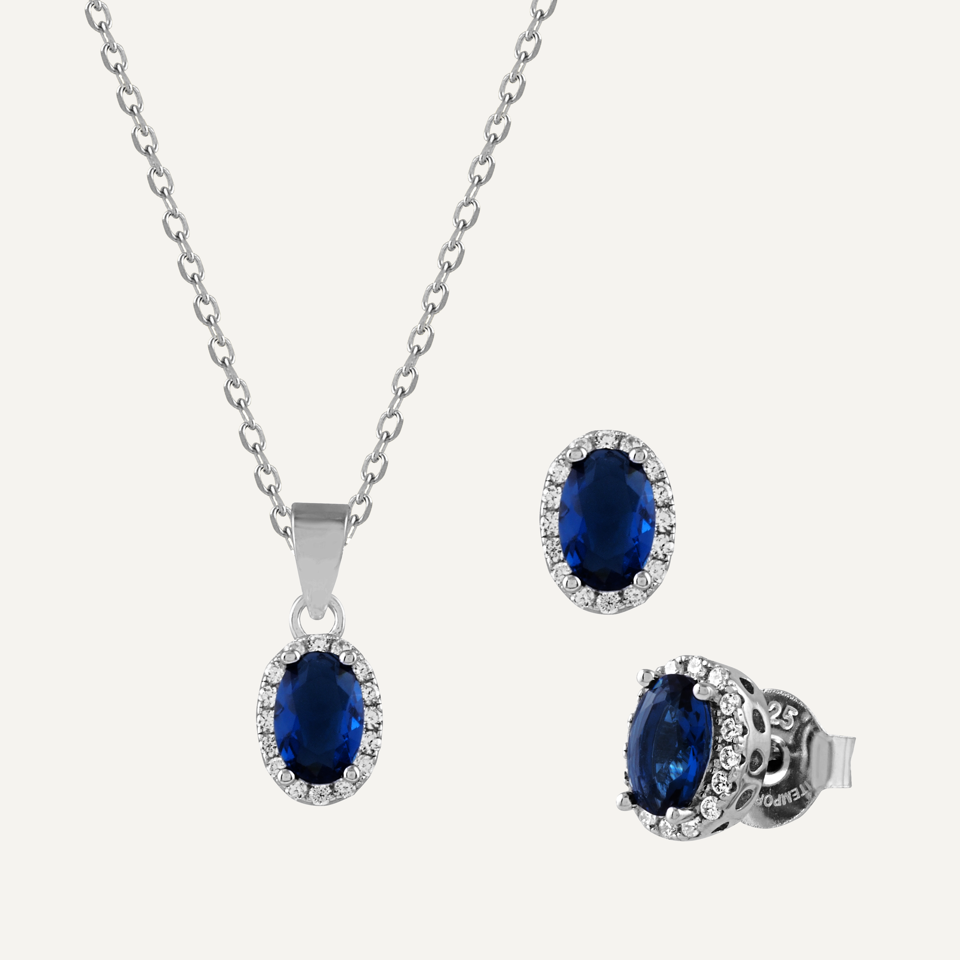 Conjunto oval de collar y pendientes en plata con circonitas blancas y azules