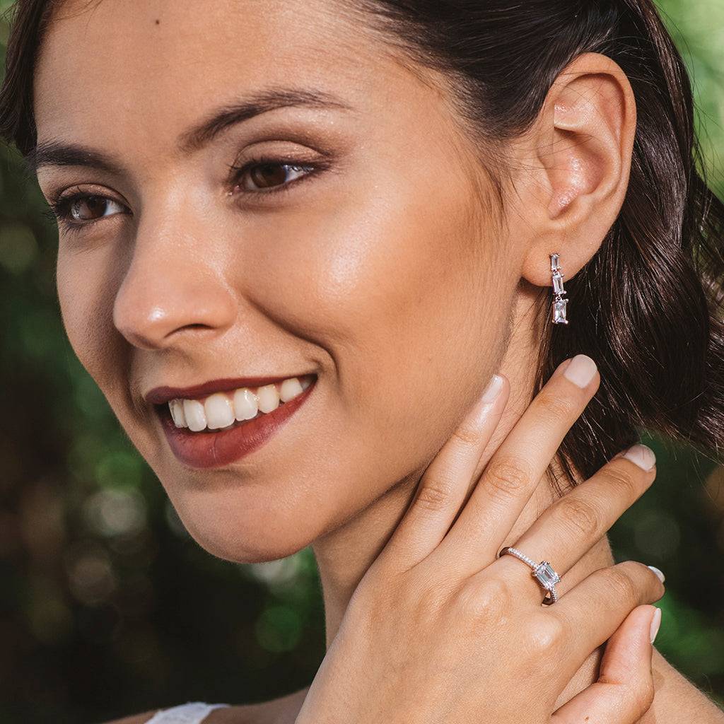 Silver ring with rectangular white zirconia
