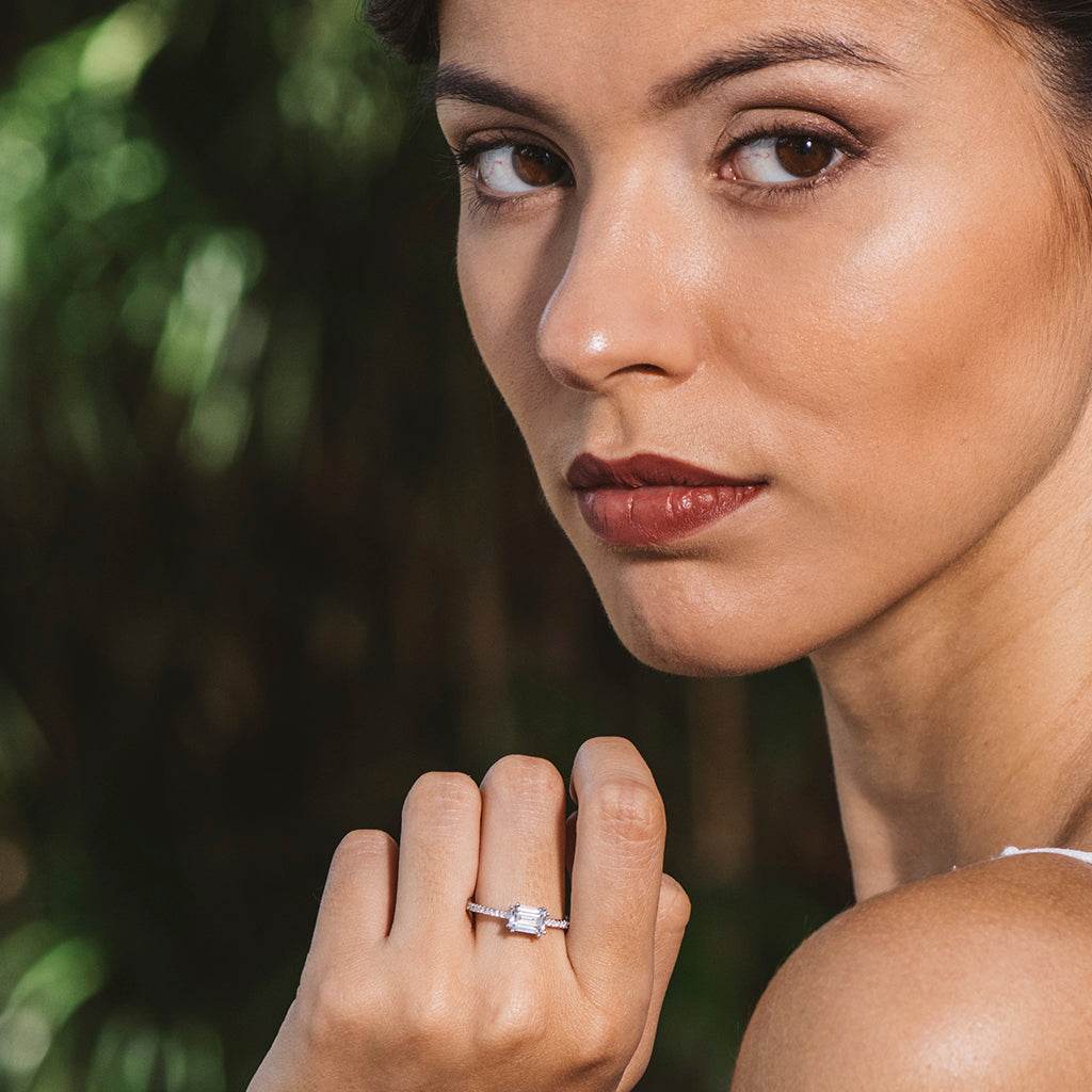 Silver ring with rectangular white zirconia