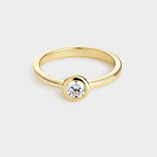 Yellow gold plated silver solitaire ring with 4.5mm zirconia set in bezel